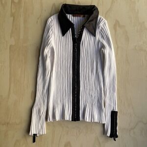 Bellini Sweater Womens Medium White Ribbed Full Zip Collared Knit Rhinestone